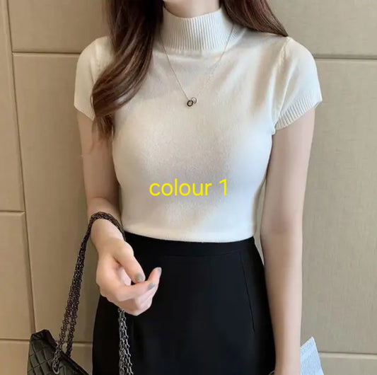 Knit top Basic Knit turtleneck Women T Shirt Summer Spring Ribbed Cotton Pullover Tops Soft Female Short Sleeves Tshirt Women's sweater