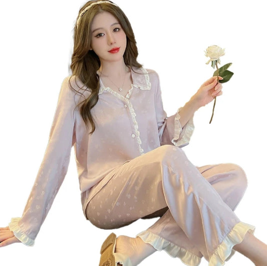 Long-sleeved pants simulation silk can be worn outside the lapel cardigan spring and summer pajamas women's homewear